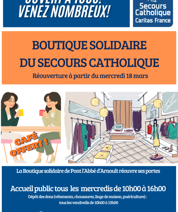 Mercredi 18 mars : réouverture de la boutique solidaire du secours catholique de Pont l&rsquo;Abbé